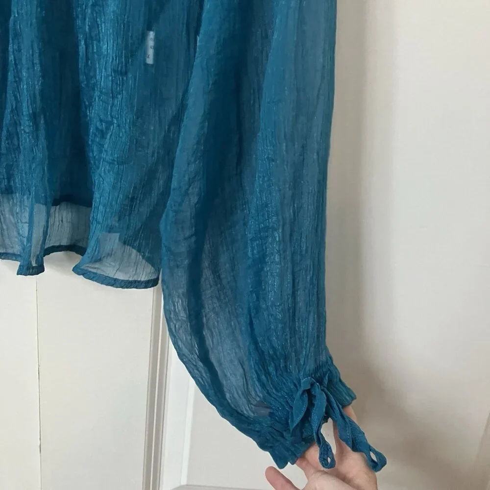 Zara Sheer Chiffon Crop Blouse Womens S Blue Gathered Whimsigoth‎ Dark Romantic - Picture 4 of 7